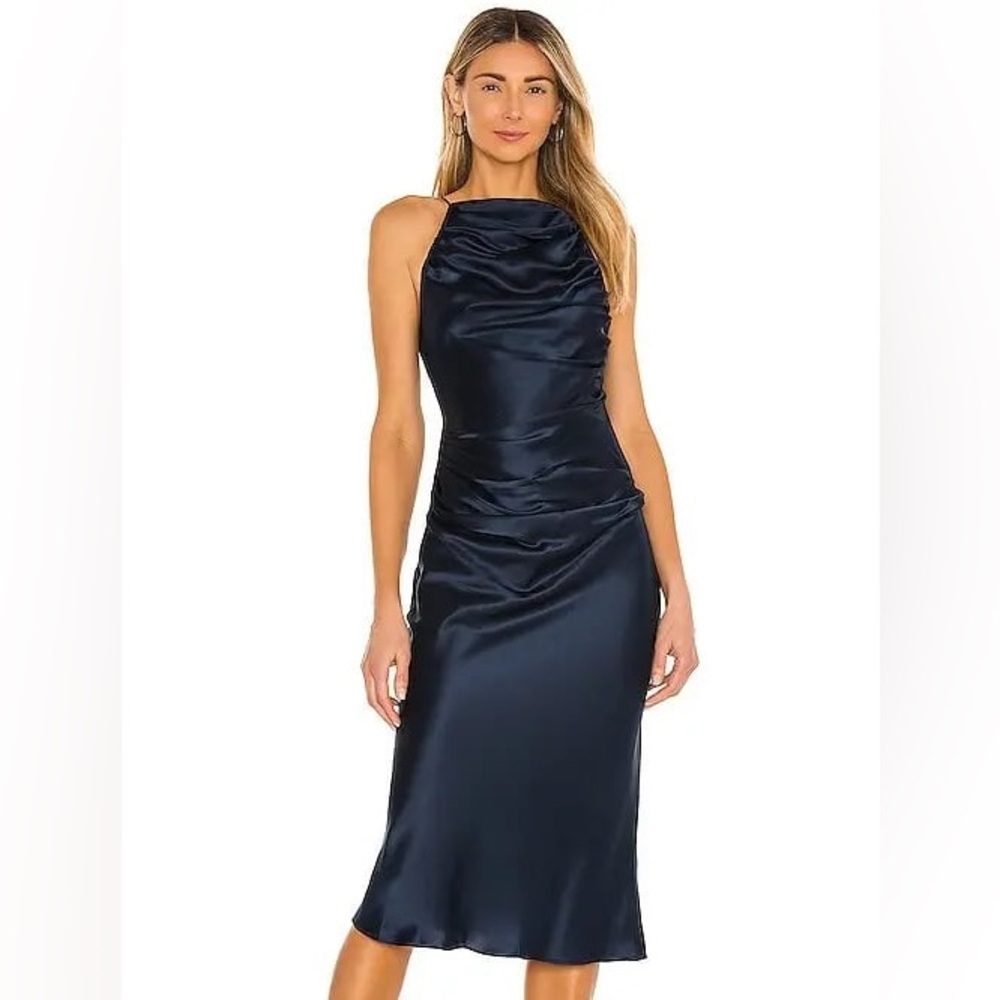 NWOT Amanda Uprichard Georgina Ruched Halter Midi Dress 100% Silk Dark Blue